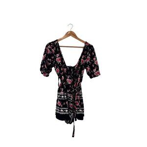 Trixxi Black Floral Print Short Sleeve Romper With Tie Waist V-Neck & Back Zippe